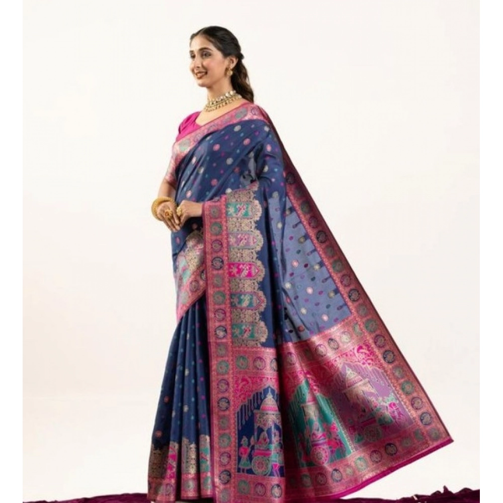 Generic Women's Faux_Banarasi Woven Motifs Saree With Unstitched Blouse 5.5Mtr (Navy_Blue) - Image 3