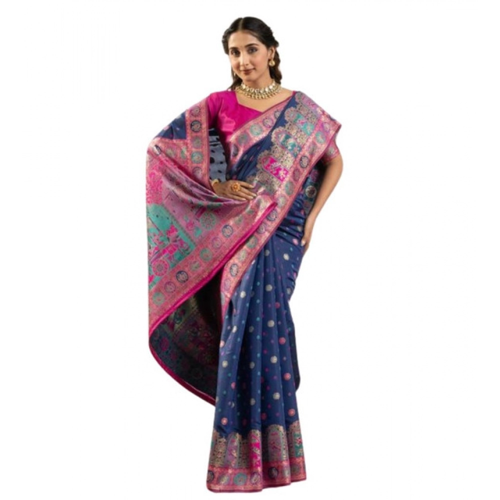 Generic Women's Faux_Banarasi Woven Motifs Saree With Unstitched Blouse 5.5Mtr (Navy_Blue) - Image 4