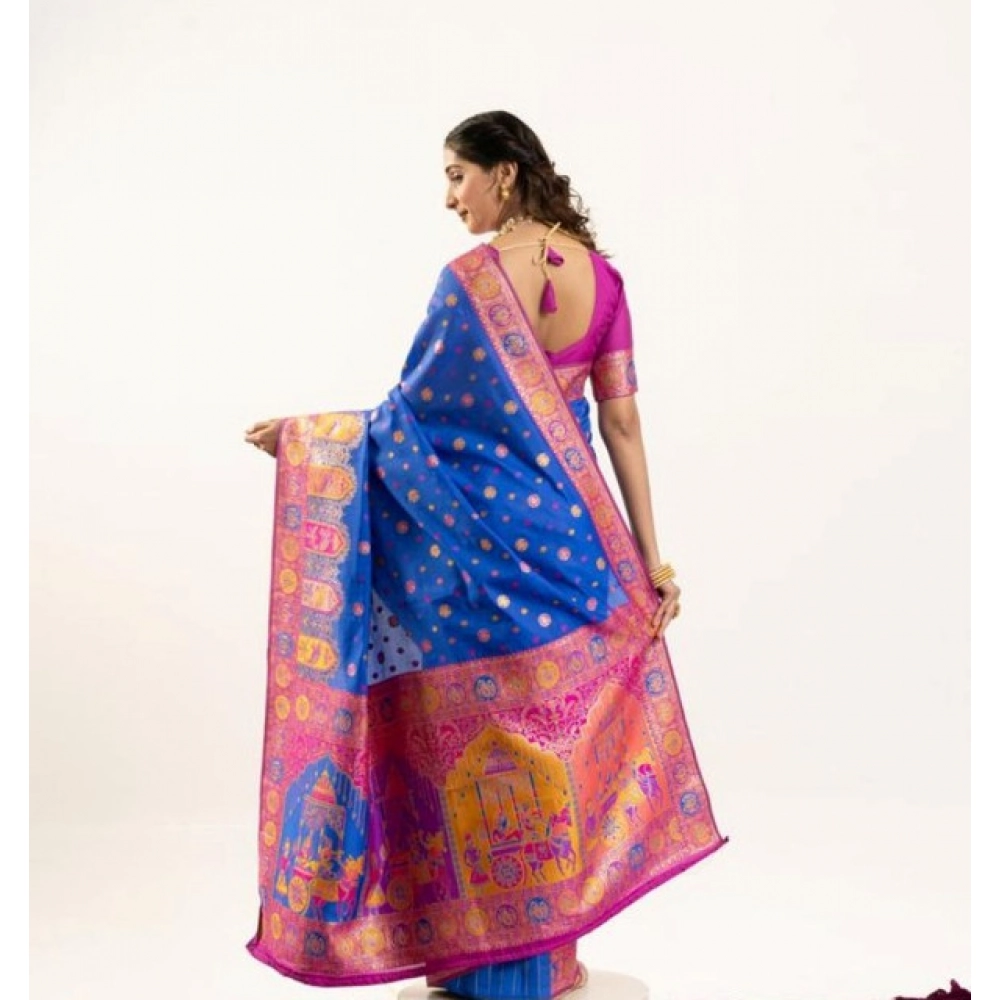 Generic Women's Faux_Banarasi Woven Motifs Saree With Unstitched Blouse 5.5Mtr (Royal_Blue) - Image 2