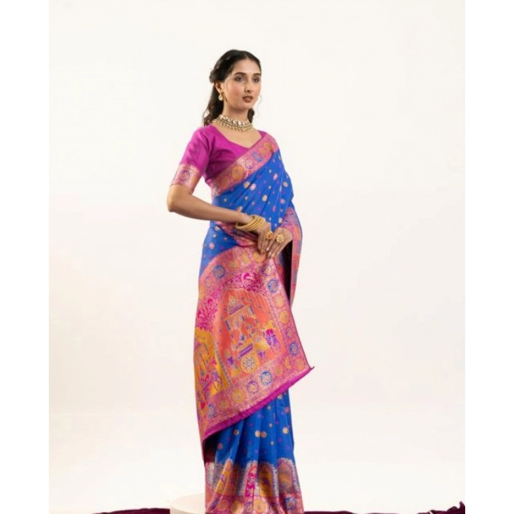 Generic Women's Faux_Banarasi Woven Motifs Saree With Unstitched Blouse 5.5Mtr (Royal_Blue) - Image 3