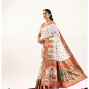 Generic Women's Faux_Banarasi Woven Motifs Saree With Unstitched Blouse 5.5Mtr (White)