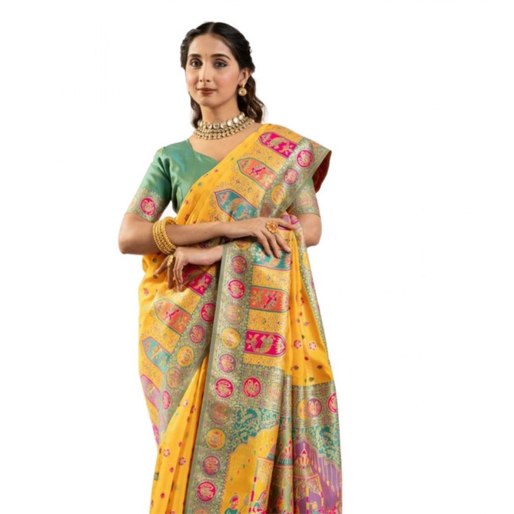 Generic Women's Faux_Banarasi Woven Motifs Saree With Unstitched Blouse 5.5Mtr (Yellow) - Image 4