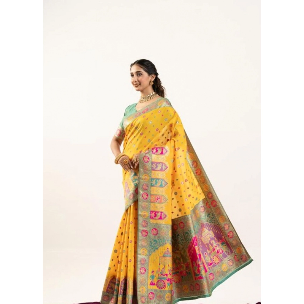 Generic Women's Faux_Banarasi Woven Motifs Saree With Unstitched Blouse 5.5Mtr (Yellow) - Image 3
