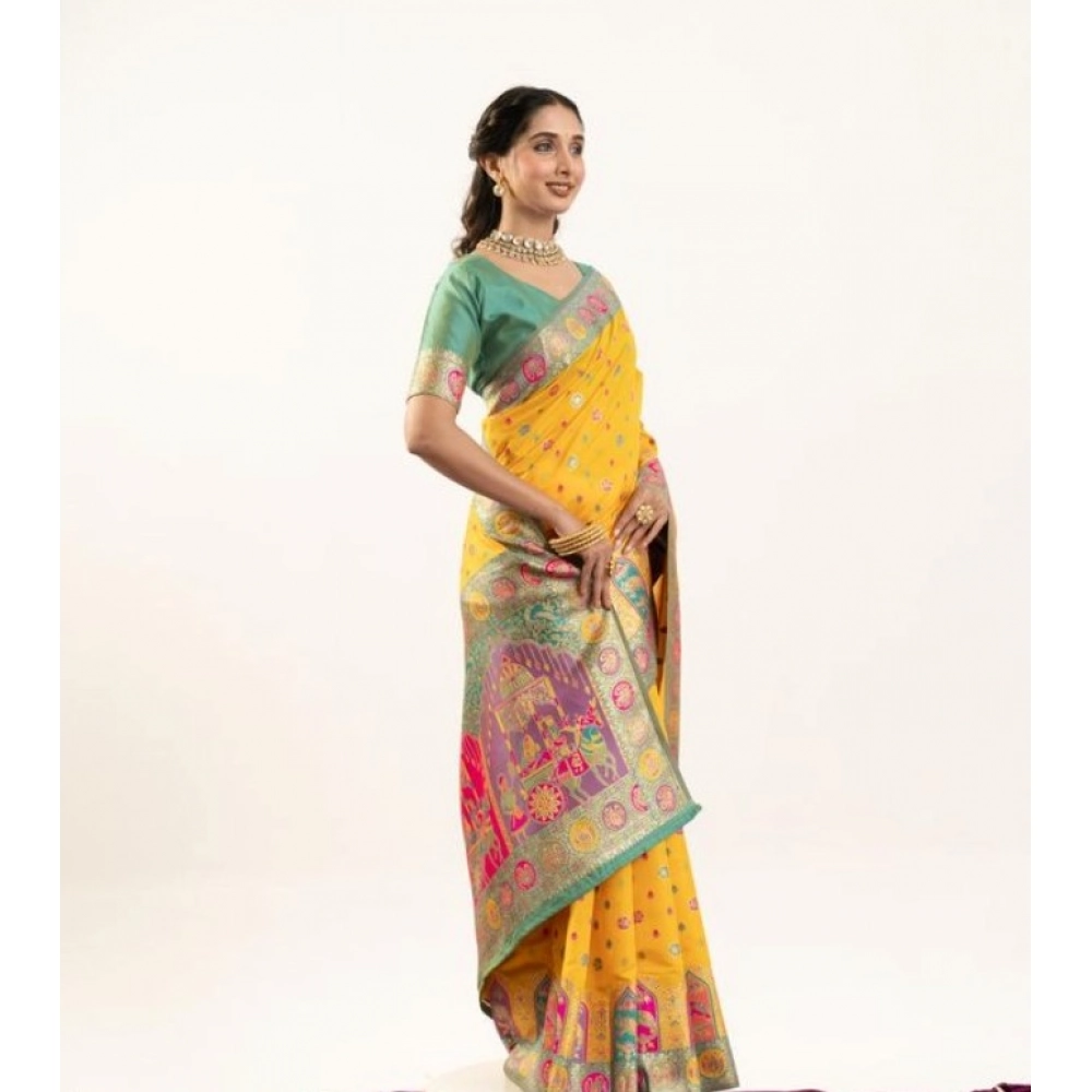 Generic Women's Faux_Banarasi Woven Motifs Saree With Unstitched Blouse 5.5Mtr (Yellow) - Image 2