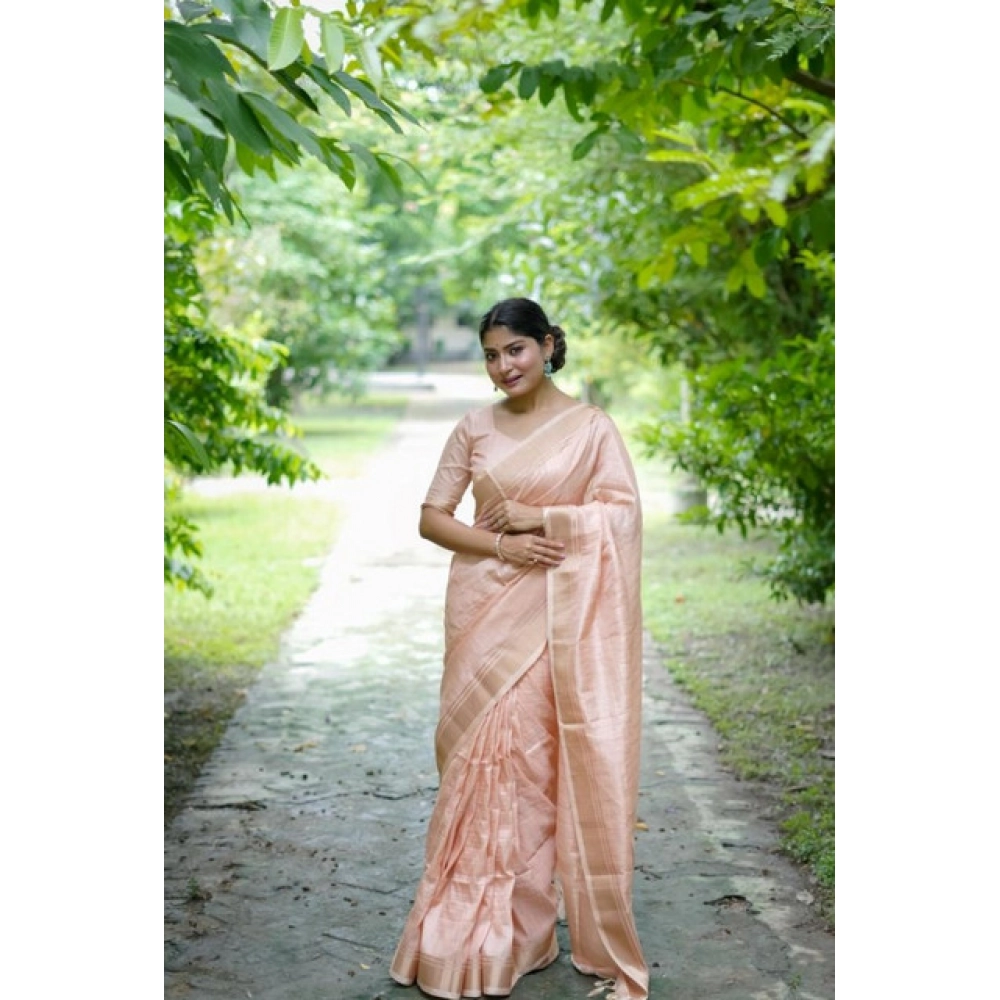 Generic Women's Faux_Banarasi Lining Pattern Saree With Unstitched Blouse 5.5Mtr (Peach)