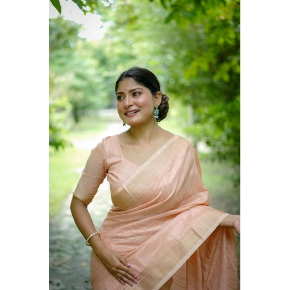 Generic Women's Faux_Banarasi Lining Pattern Saree With Unstitched Blouse 5.5Mtr (Peach) - Image 2