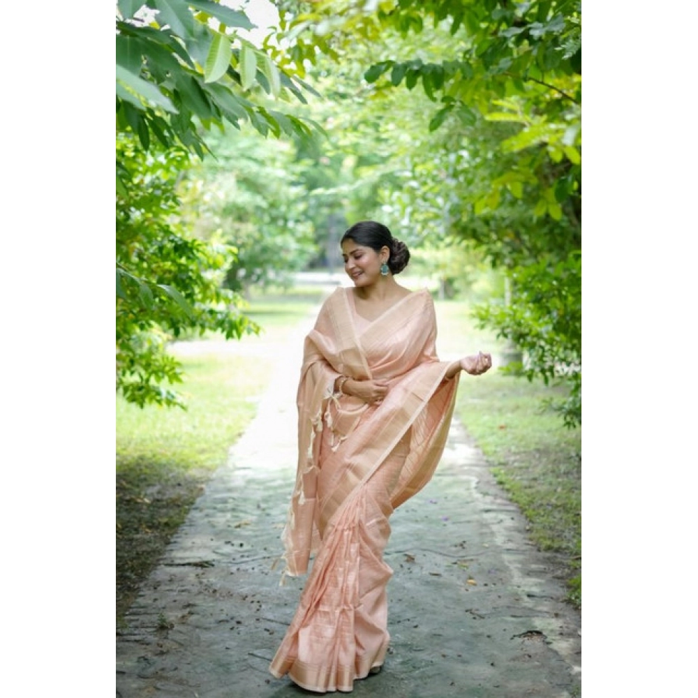 Generic Women's Faux_Banarasi Lining Pattern Saree With Unstitched Blouse 5.5Mtr (Peach) - Image 3