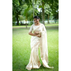 Generic Women's Faux_Banarasi Lining Pattern Saree With Unstitched Blouse 5.5Mtr (Off_White)