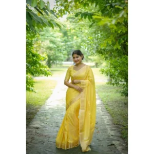 Generic Women's Faux_Banarasi Lining Pattern Saree With Unstitched Blouse 5.5Mtr (Yellow)