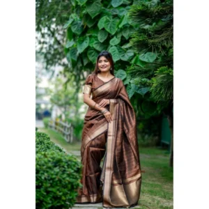 Generic Women's Faux_Banarasi Lining Pattern Saree With Unstitched Blouse 5.5Mtr (Light_Brown)