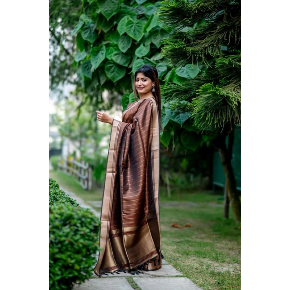 Generic Women's Faux_Banarasi Lining Pattern Saree With Unstitched Blouse 5.5Mtr (Light_Brown) - Image 2
