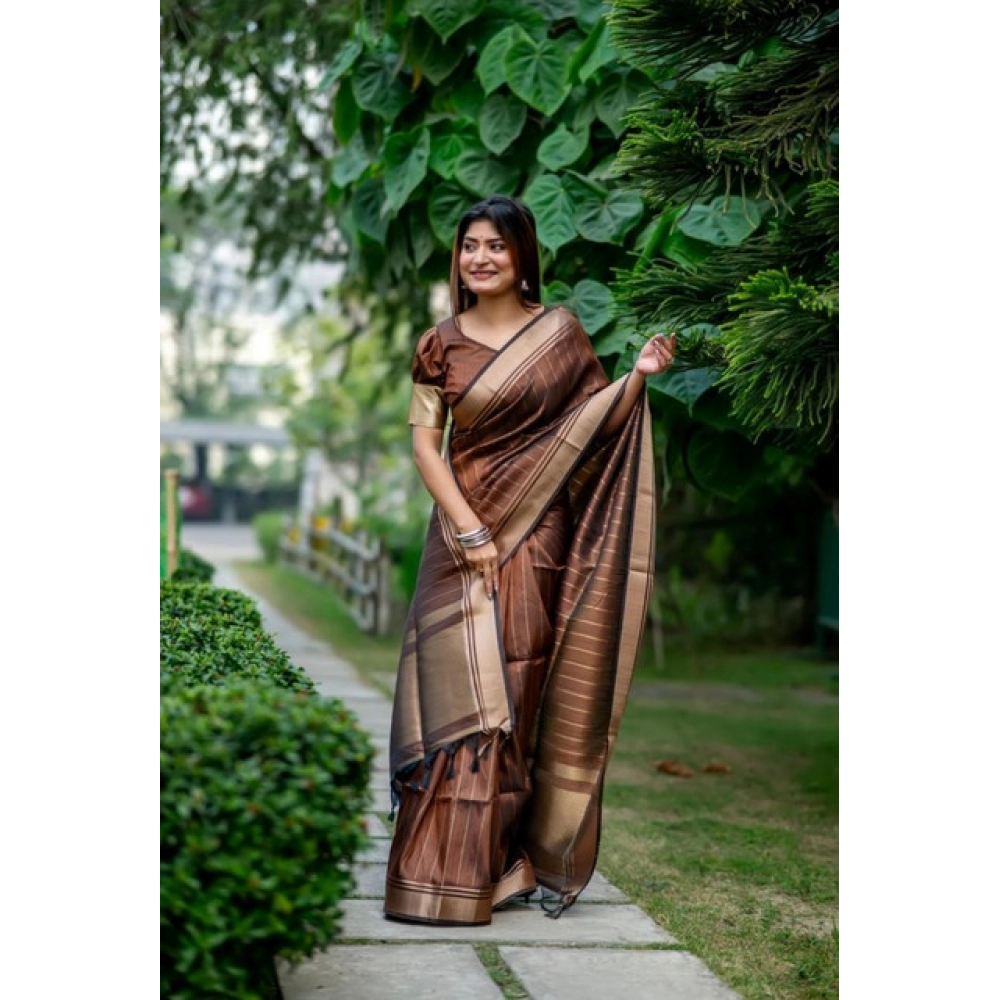 Generic Women's Faux_Banarasi Lining Pattern Saree With Unstitched Blouse 5.5Mtr (Light_Brown) - Image 3