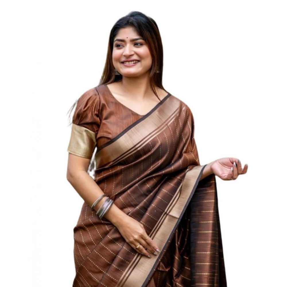 Generic Women's Faux_Banarasi Lining Pattern Saree With Unstitched Blouse 5.5Mtr (Light_Brown) - Image 4