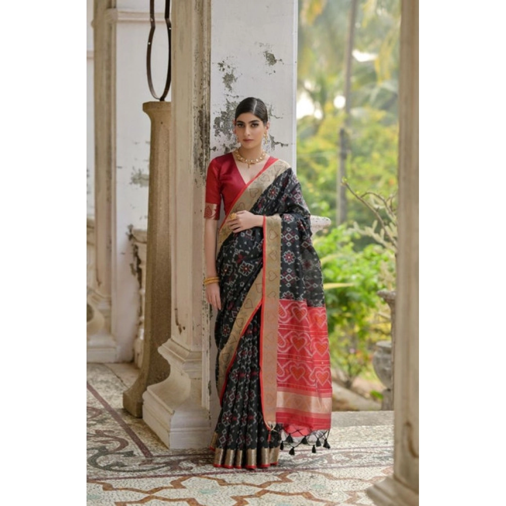 Generic Women's Silk_Blend Ethnic Ikat Pattern Saree With Unstitched Blouse 5.5Mtr (Black)