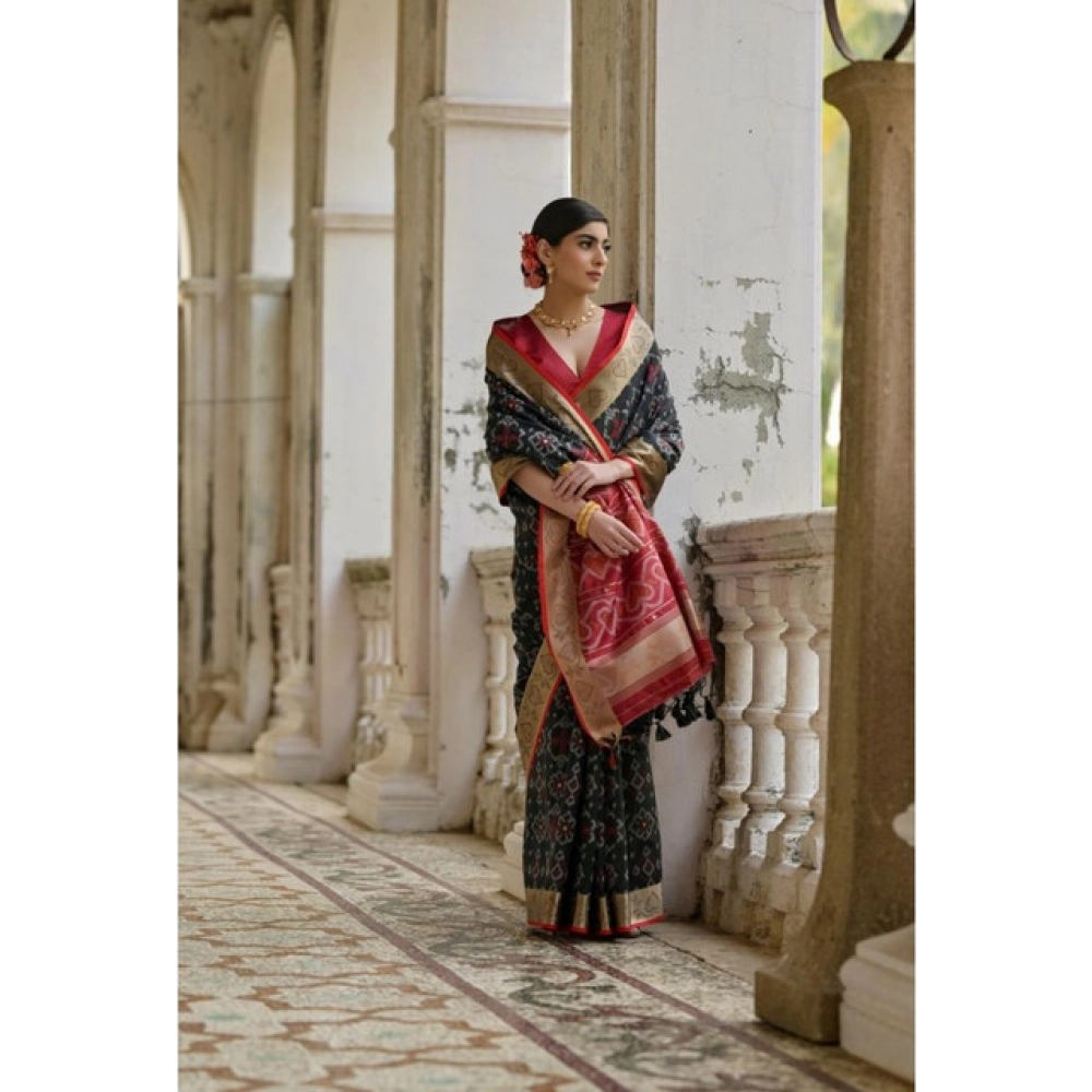 Generic Women's Silk_Blend Ethnic Ikat Pattern Saree With Unstitched Blouse 5.5Mtr (Black) - Image 2