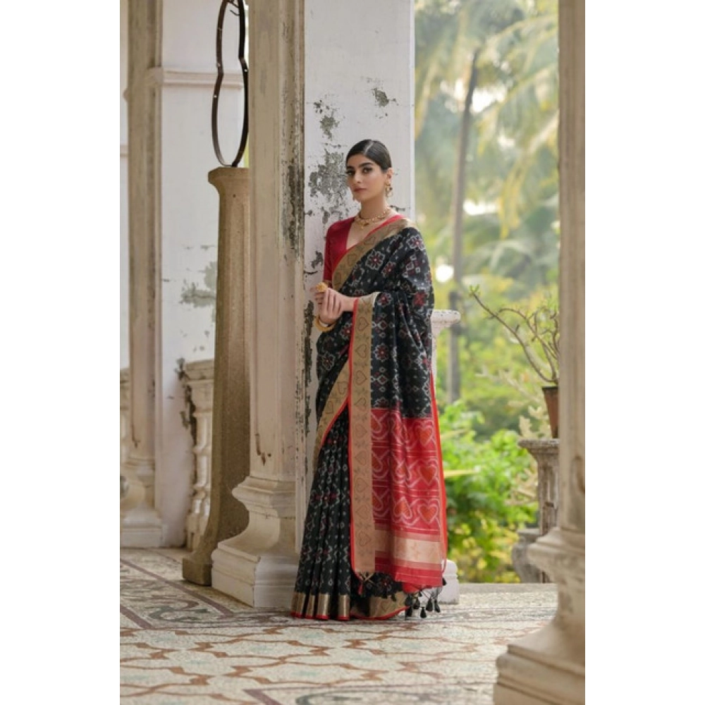 Generic Women's Silk_Blend Ethnic Ikat Pattern Saree With Unstitched Blouse 5.5Mtr (Black) - Image 3
