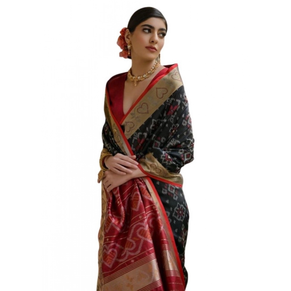 Generic Women's Silk_Blend Ethnic Ikat Pattern Saree With Unstitched Blouse 5.5Mtr (Black) - Image 4