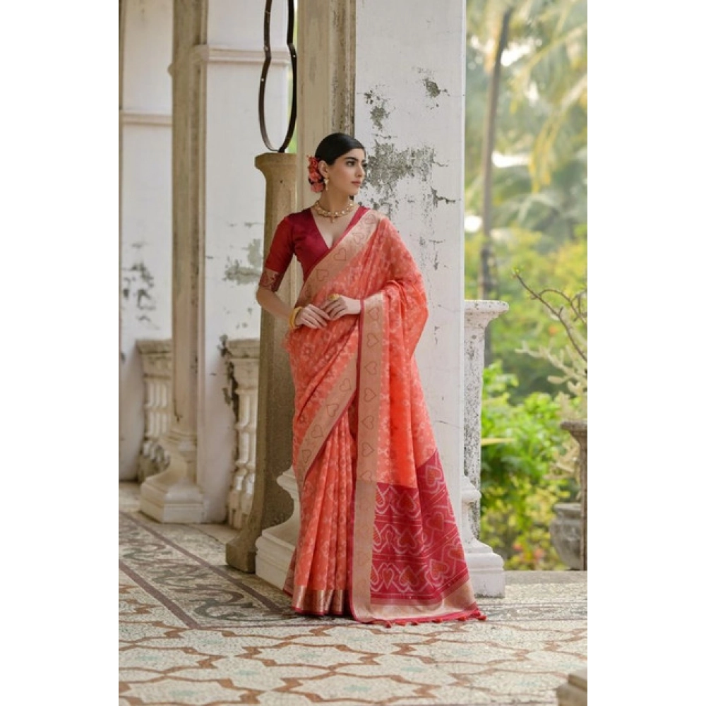 Generic Women's Silk_Blend Ethnic Ikat Pattern Saree With Unstitched Blouse 5.5Mtr (Orange)