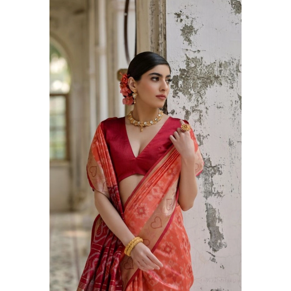 Generic Women's Silk_Blend Ethnic Ikat Pattern Saree With Unstitched Blouse 5.5Mtr (Orange) - Image 2
