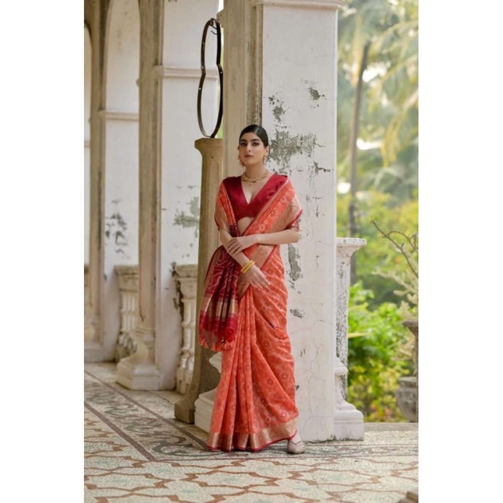 Generic Women's Silk_Blend Ethnic Ikat Pattern Saree With Unstitched Blouse 5.5Mtr (Orange) - Image 3