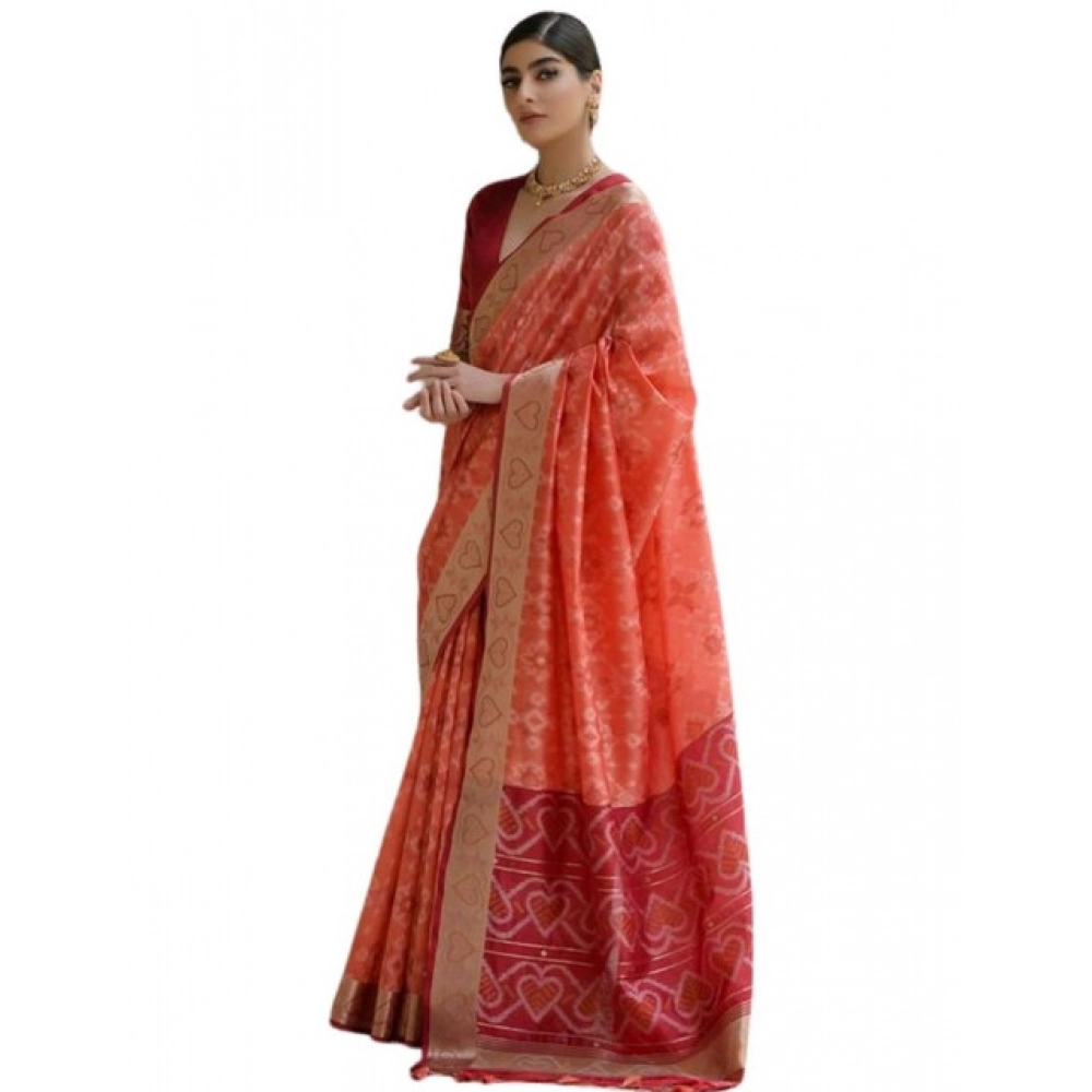 Generic Women's Silk_Blend Ethnic Ikat Pattern Saree With Unstitched Blouse 5.5Mtr (Orange) - Image 4