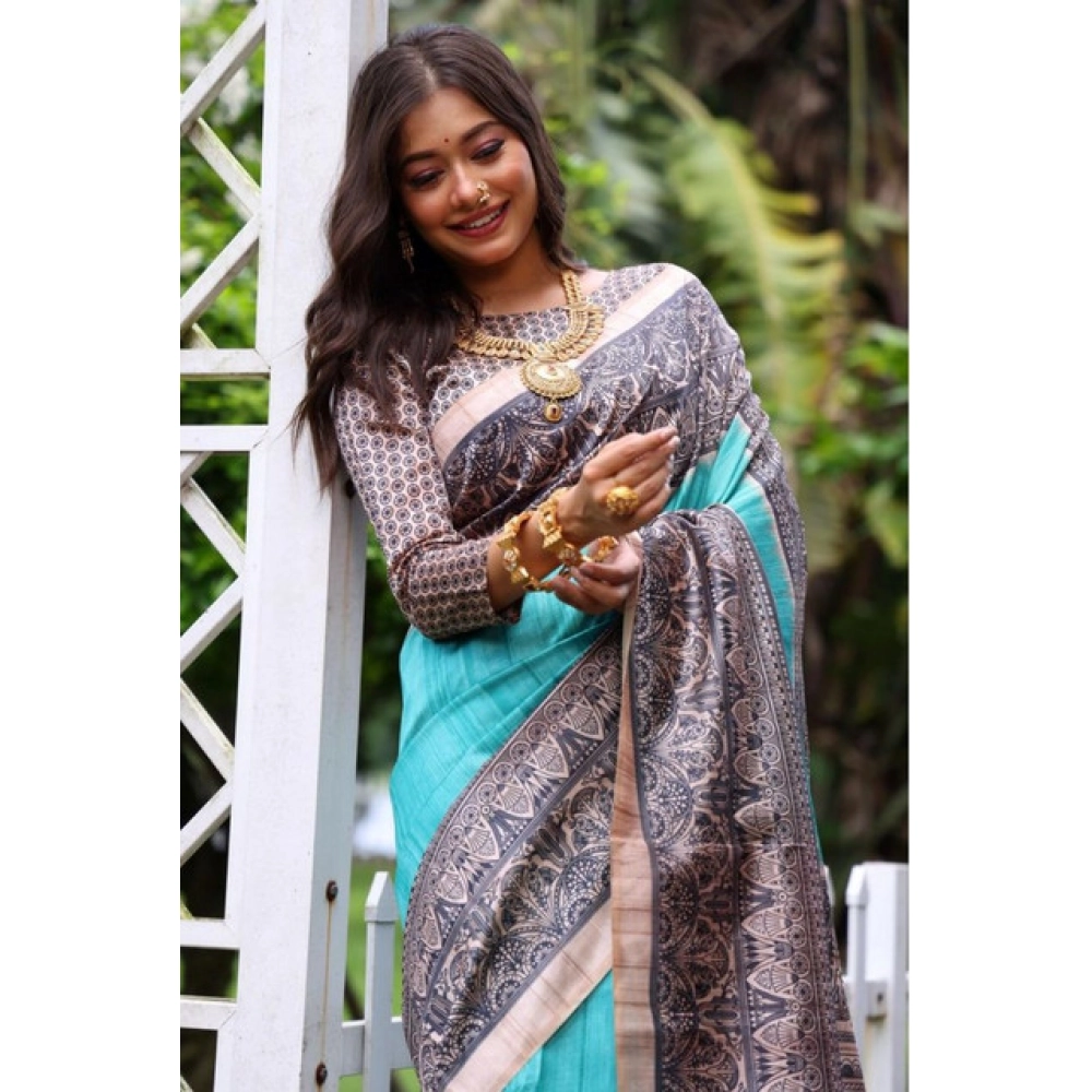 Generic Women's Faux_Tussar Ethnic_Print Saree With Unstitched Blouse 5.5Mtr (Aqua_Blue)
