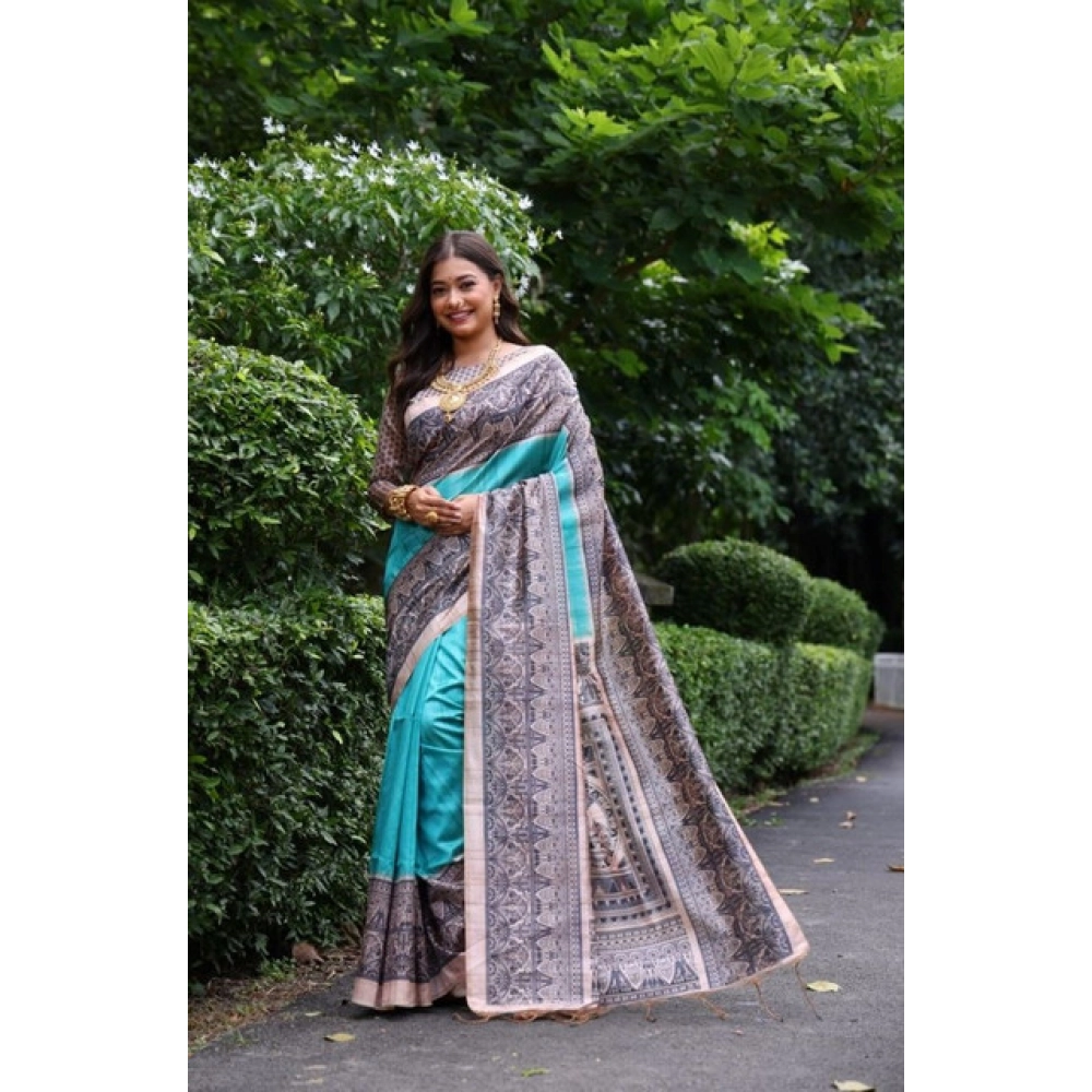 Generic Women's Faux_Tussar Ethnic_Print Saree With Unstitched Blouse 5.5Mtr (Aqua_Blue) - Image 2