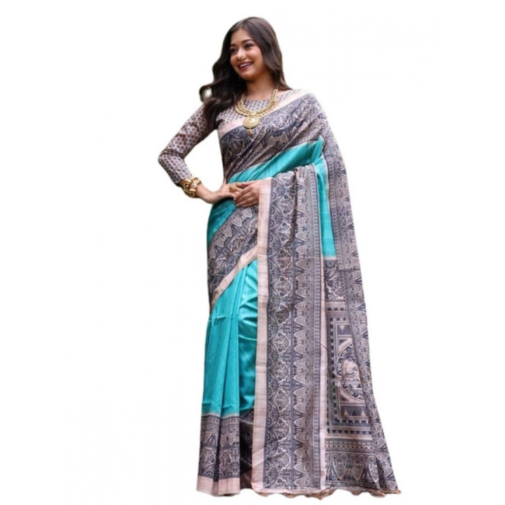 Generic Women's Faux_Tussar Ethnic_Print Saree With Unstitched Blouse 5.5Mtr (Aqua_Blue) - Image 3