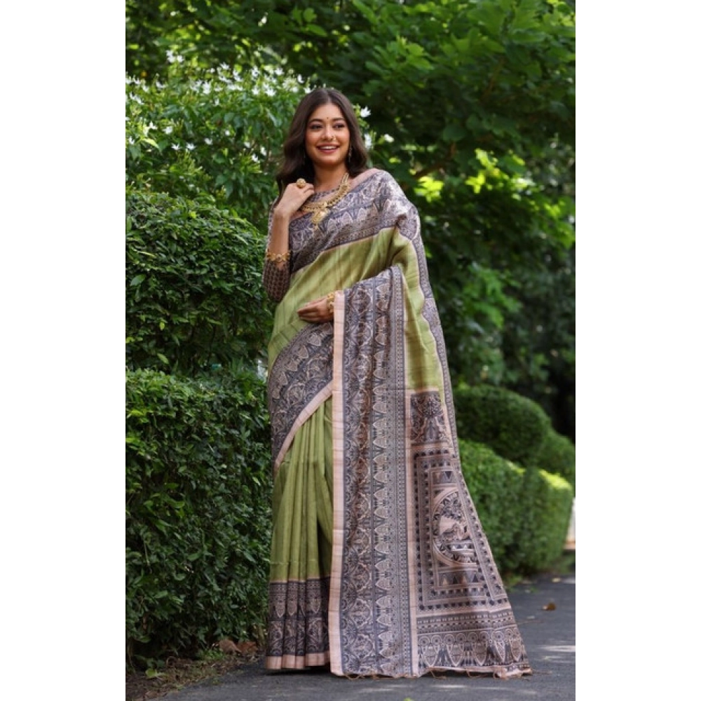 Generic Women's Faux_Tussar Ethnic_Print Saree With Unstitched Blouse 5.5Mtr (Olive)