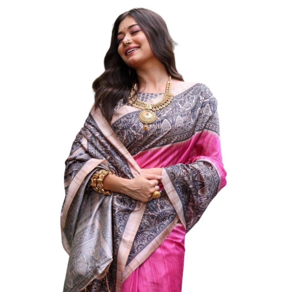 Generic Women's Faux_Tussar Ethnic_Print Saree With Unstitched Blouse 5.5Mtr (Pink) - Image 3