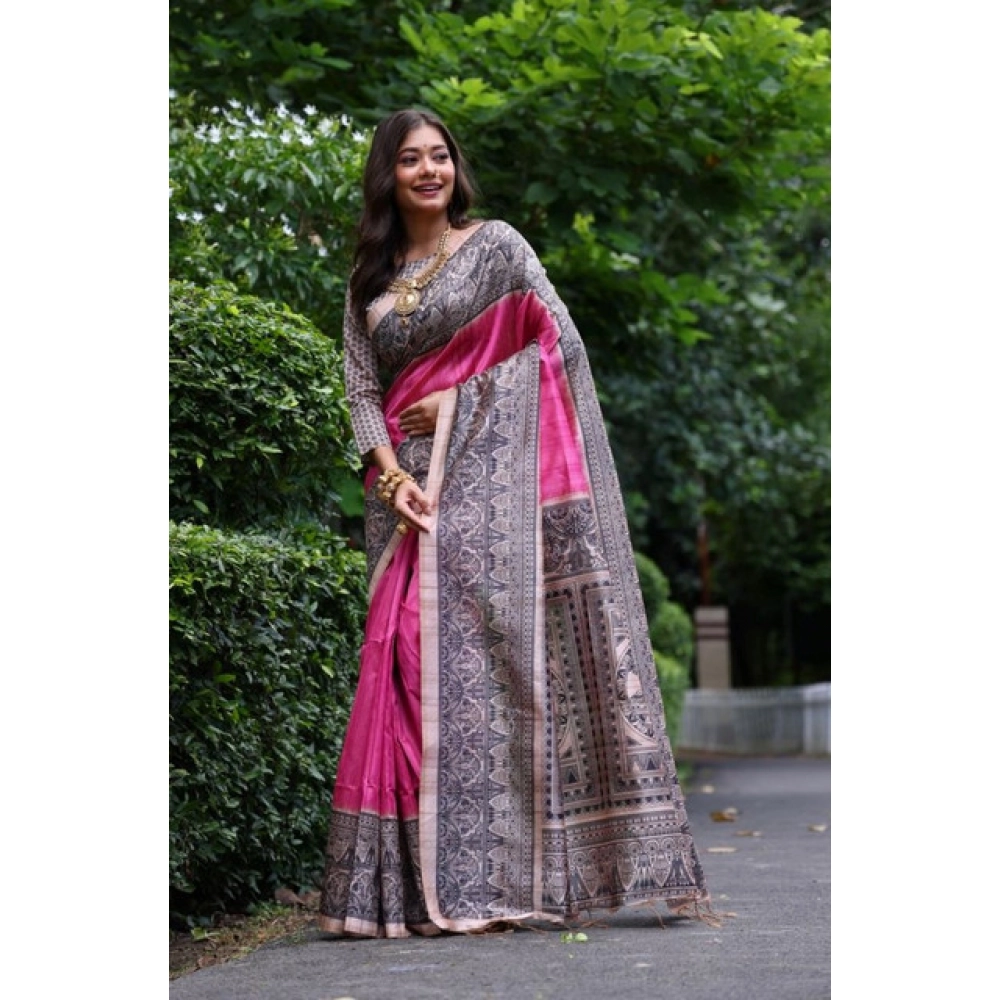 Generic Women's Faux_Tussar Ethnic_Print Saree With Unstitched Blouse 5.5Mtr (Pink)