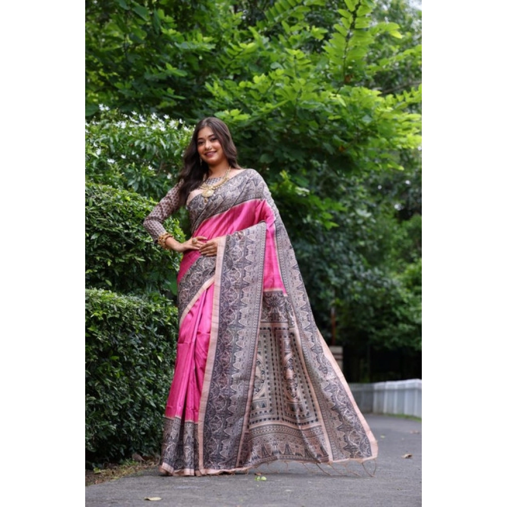 Generic Women's Faux_Tussar Ethnic_Print Saree With Unstitched Blouse 5.5Mtr (Pink) - Image 2