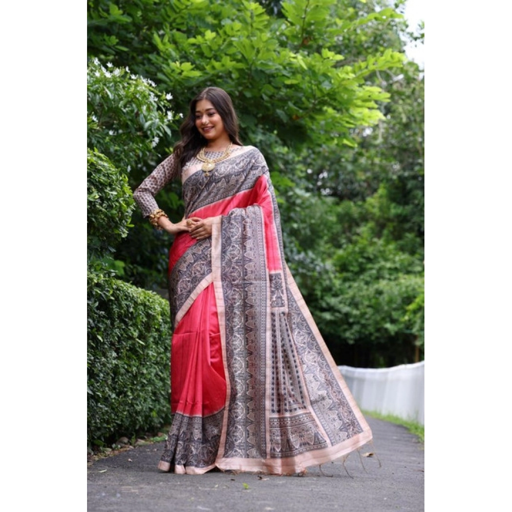 Generic Women's Faux_Tussar Ethnic_Print Saree With Unstitched Blouse 5.5Mtr (Red)