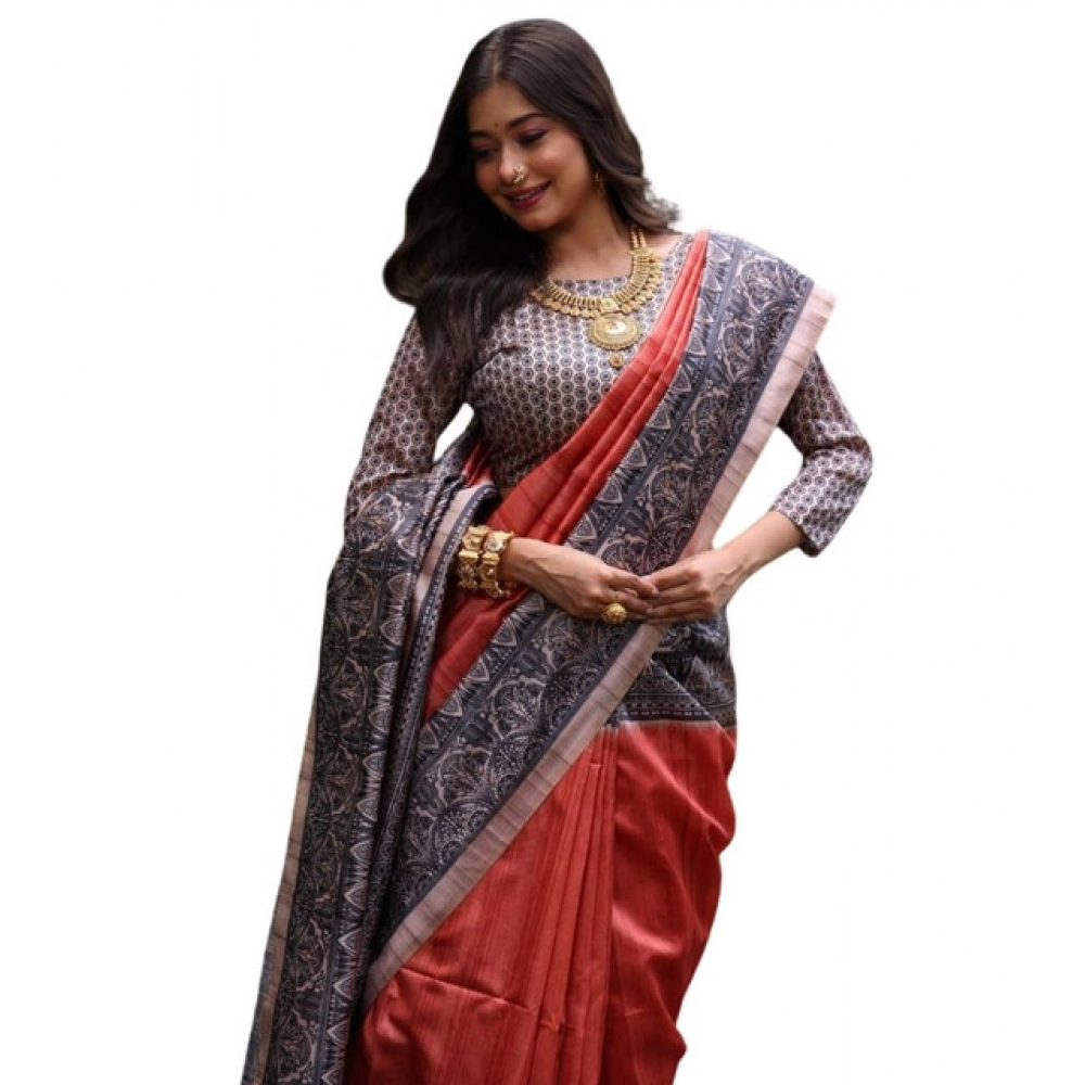 Generic Women's Faux_Tussar Ethnic_Print Saree With Unstitched Blouse 5.5Mtr (Rust) - Image 3