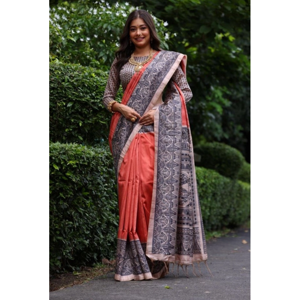 Generic Women's Faux_Tussar Ethnic_Print Saree With Unstitched Blouse 5.5Mtr (Rust)