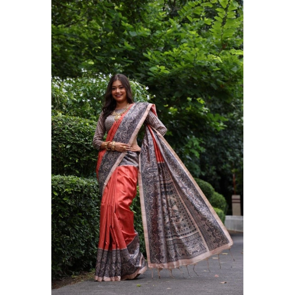 Generic Women's Faux_Tussar Ethnic_Print Saree With Unstitched Blouse 5.5Mtr (Rust) - Image 2