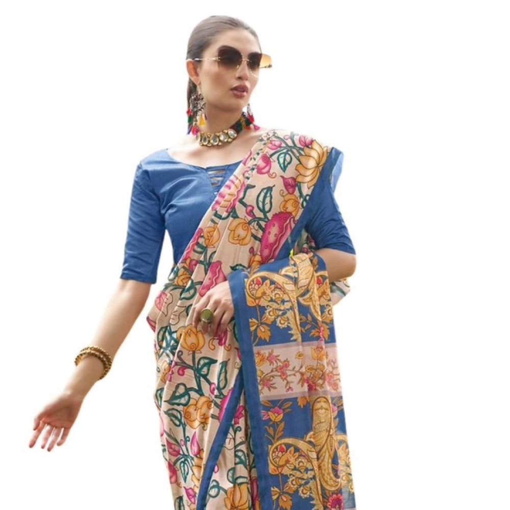 Generic Women's Faux_Tussar Kalamkari_Print Saree With Unstitched Blouse 5.5Mtr (Blue) - Image 4