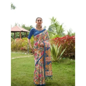 Generic Women's Faux_Tussar Kalamkari_Print Saree With Unstitched Blouse 5.5Mtr (Blue)
