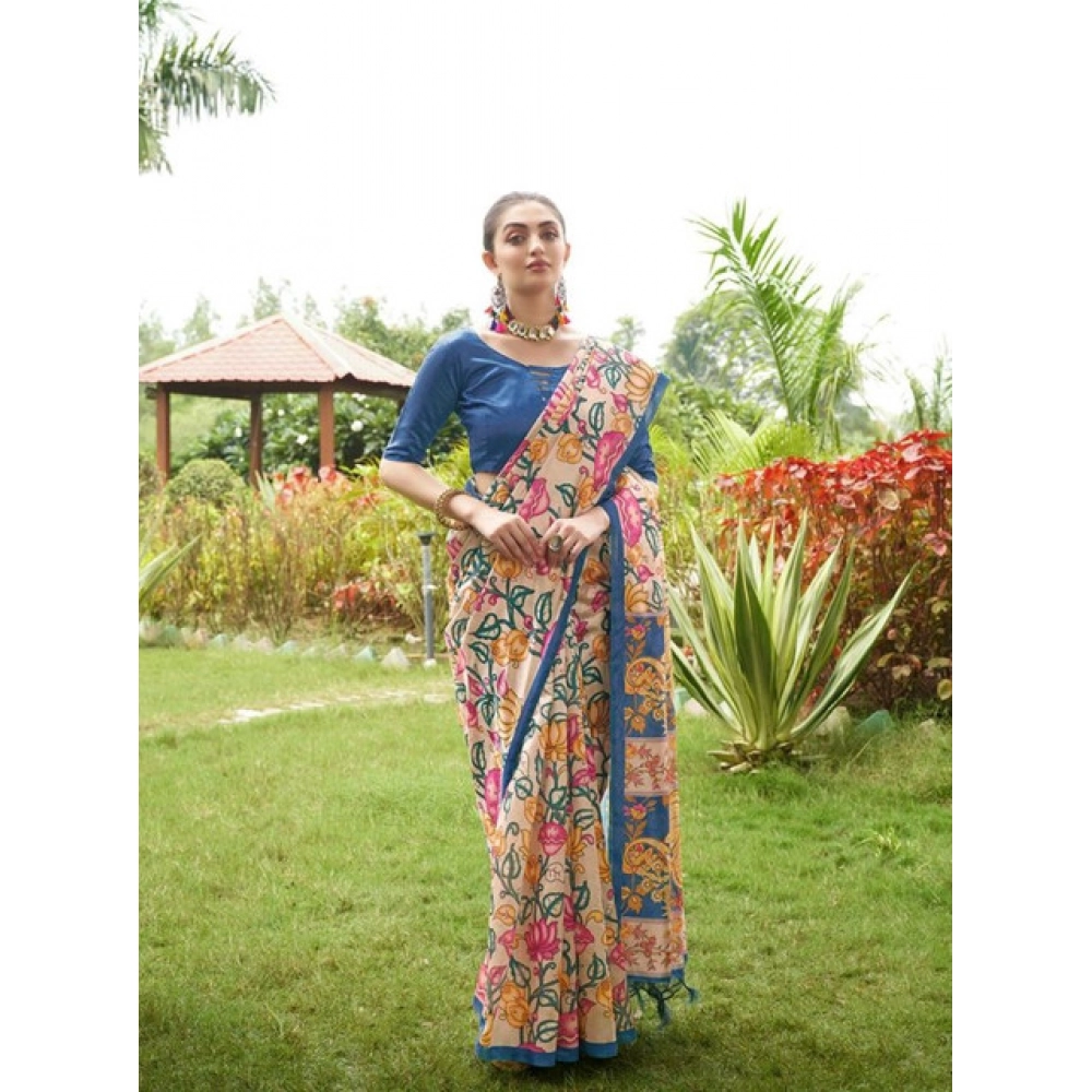 Generic Women's Faux_Tussar Kalamkari_Print Saree With Unstitched Blouse 5.5Mtr (Blue) - Image 3