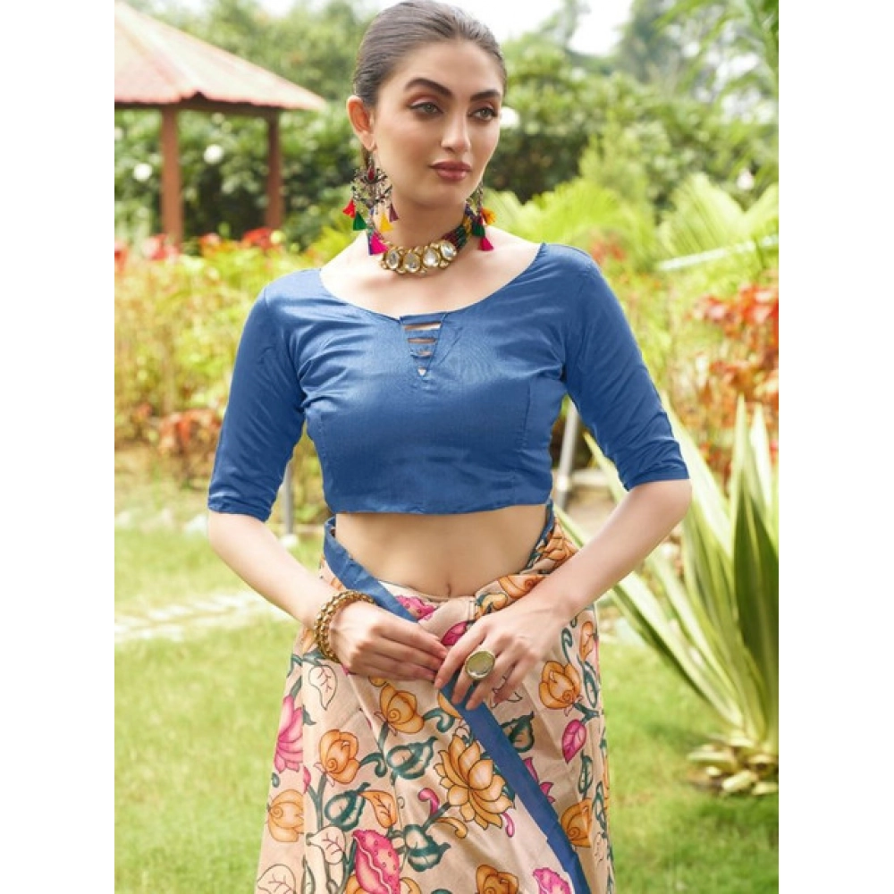 Generic Women's Faux_Tussar Kalamkari_Print Saree With Unstitched Blouse 5.5Mtr (Blue) - Image 2