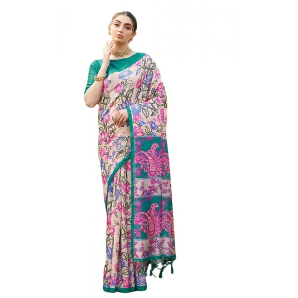 Generic Women's Faux_Tussar Kalamkari_Print Saree With Unstitched Blouse 5.5Mtr (Green) - Image 4