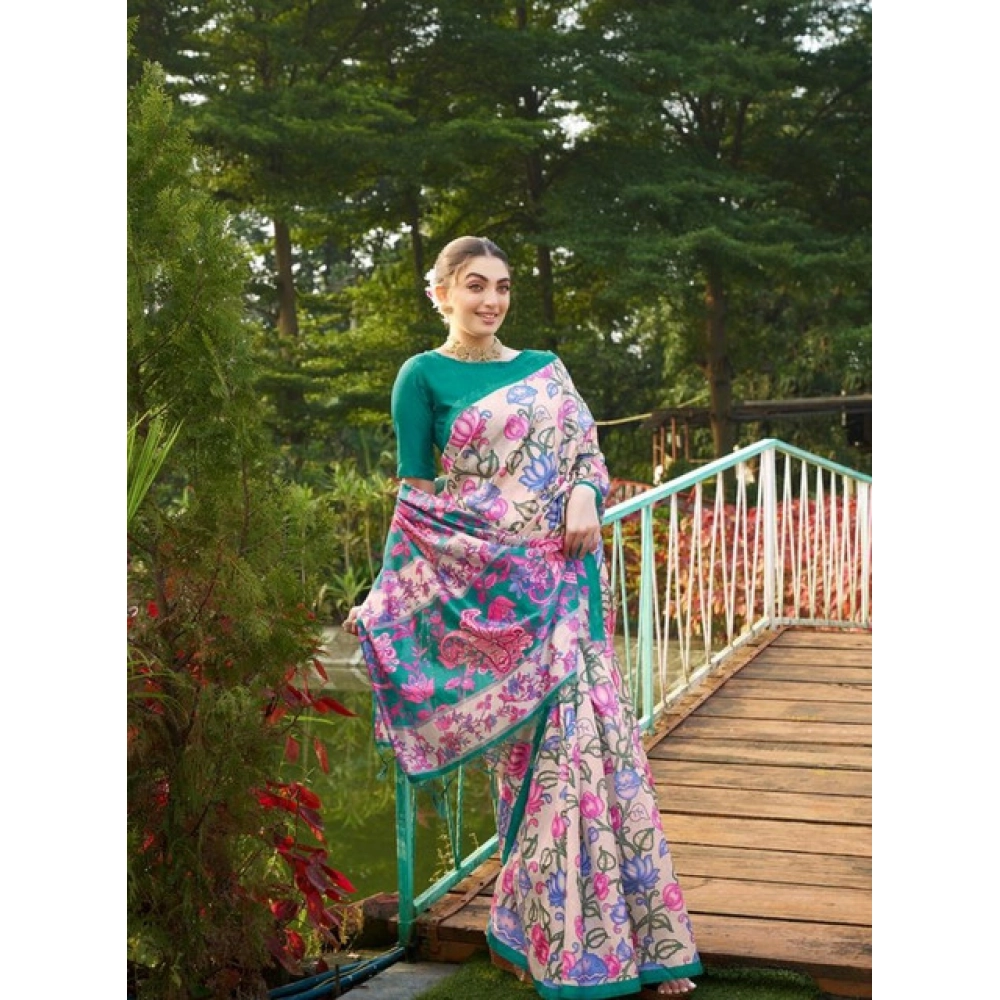 Generic Women's Faux_Tussar Kalamkari_Print Saree With Unstitched Blouse 5.5Mtr (Green) - Image 3