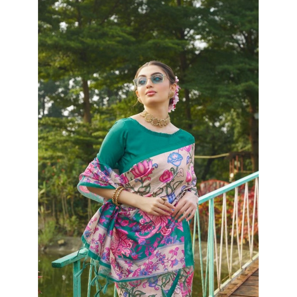 Generic Women's Faux_Tussar Kalamkari_Print Saree With Unstitched Blouse 5.5Mtr (Green) - Image 2