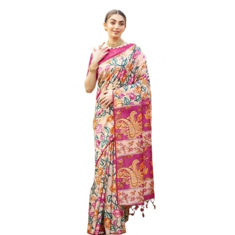 Generic Women's Faux_Tussar Kalamkari_Print Saree With Unstitched Blouse 5.5Mtr (Pink) - Image 4