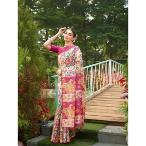 Generic Women's Faux_Tussar Kalamkari_Print Saree With Unstitched Blouse 5.5Mtr (Pink)