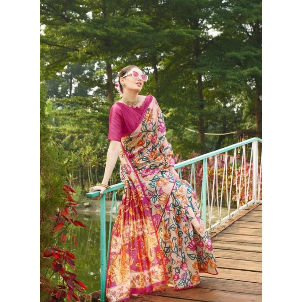 Generic Women's Faux_Tussar Kalamkari_Print Saree With Unstitched Blouse 5.5Mtr (Pink) - Image 3