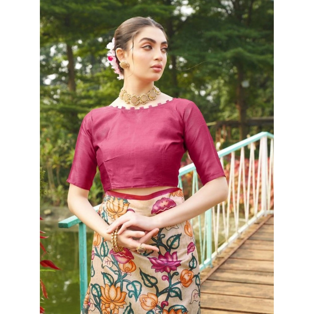 Generic Women's Faux_Tussar Kalamkari_Print Saree With Unstitched Blouse 5.5Mtr (Pink) - Image 2