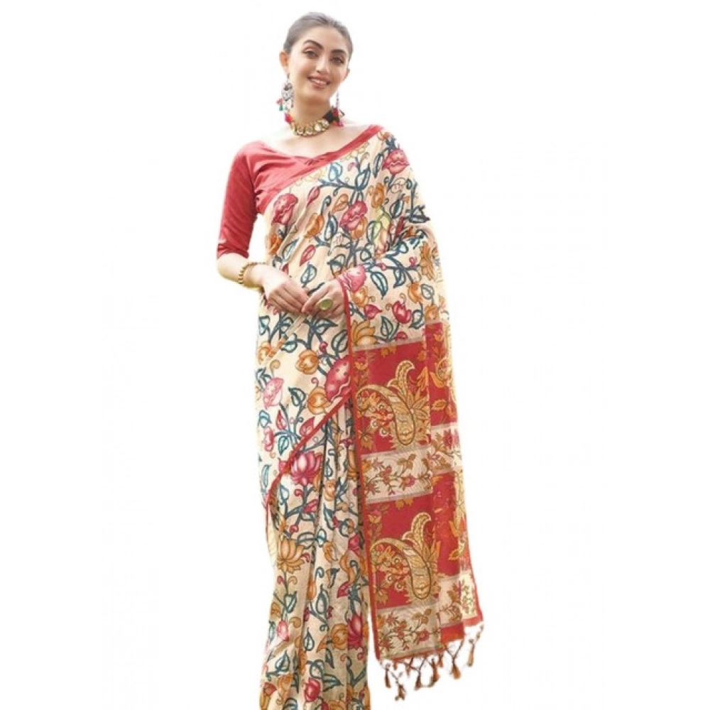 Generic Women's Faux_Tussar Kalamkari_Print Saree With Unstitched Blouse 5.5Mtr (Red) - Image 4