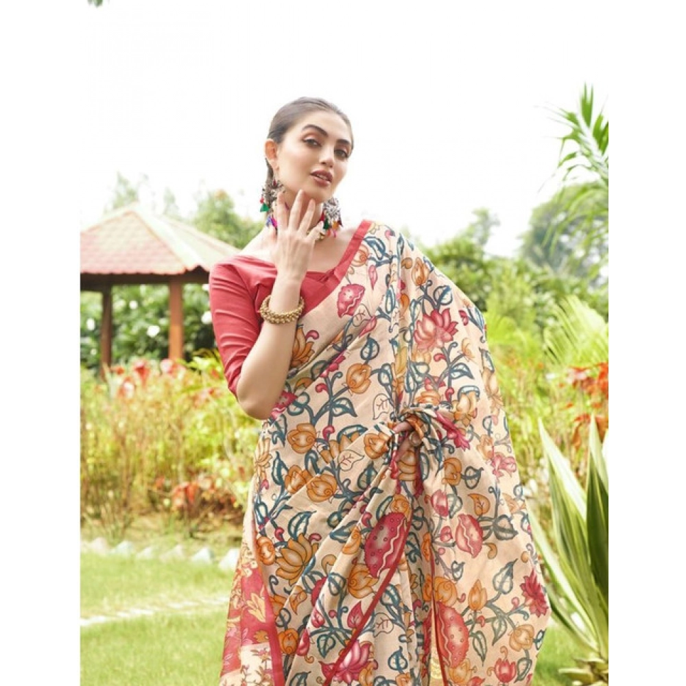 Generic Women's Faux_Tussar Kalamkari_Print Saree With Unstitched Blouse 5.5Mtr (Red) - Image 3