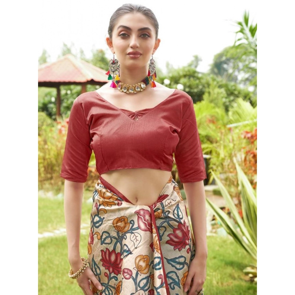 Generic Women's Faux_Tussar Kalamkari_Print Saree With Unstitched Blouse 5.5Mtr (Red) - Image 2